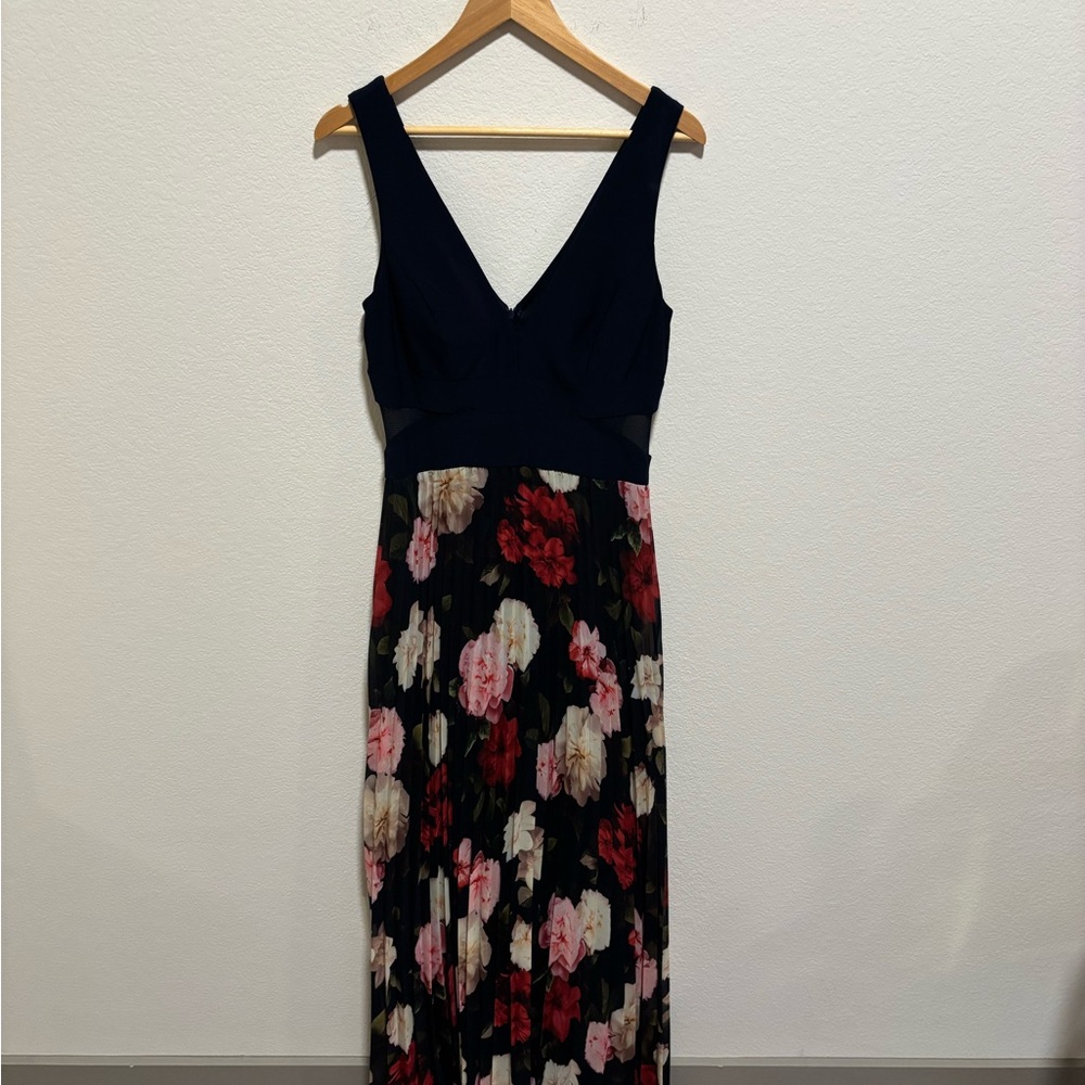 Blue Sleeveless Floral Pleated Chiffon Cutout Maxi A-line Gown